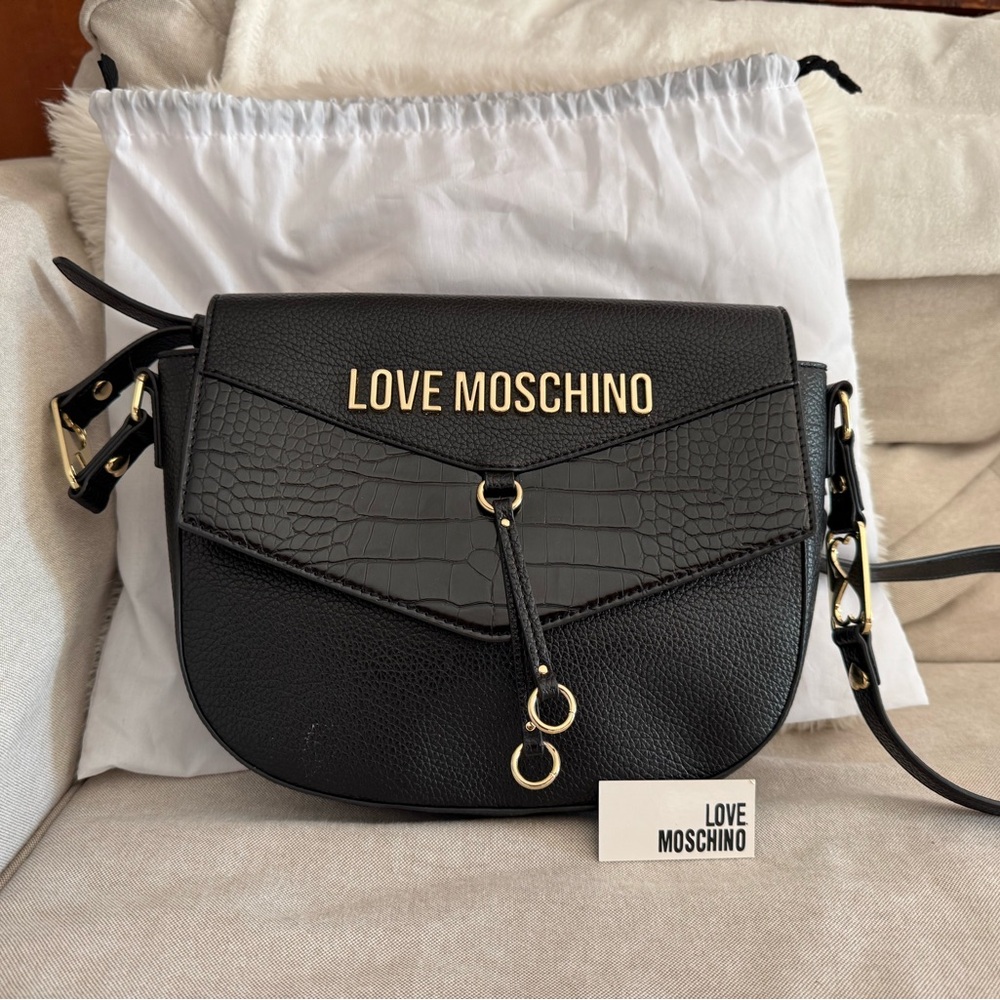 Authentic Love Moschino Black Crossbody with Croc-Texture Flap and Gold Logo
